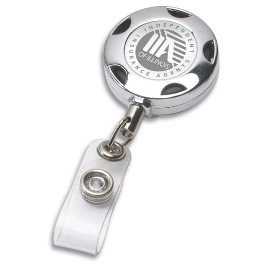 Picture of  \"Tiffin Lz\" 32” Cord Round Chrome Solid Metal Sport Retractable Badge Reel And Badge Holder With Laser Imprint