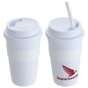 Promotional and Custom Bistro 14 oz Coffee Cup with Silicone Sleeve + Straw - White